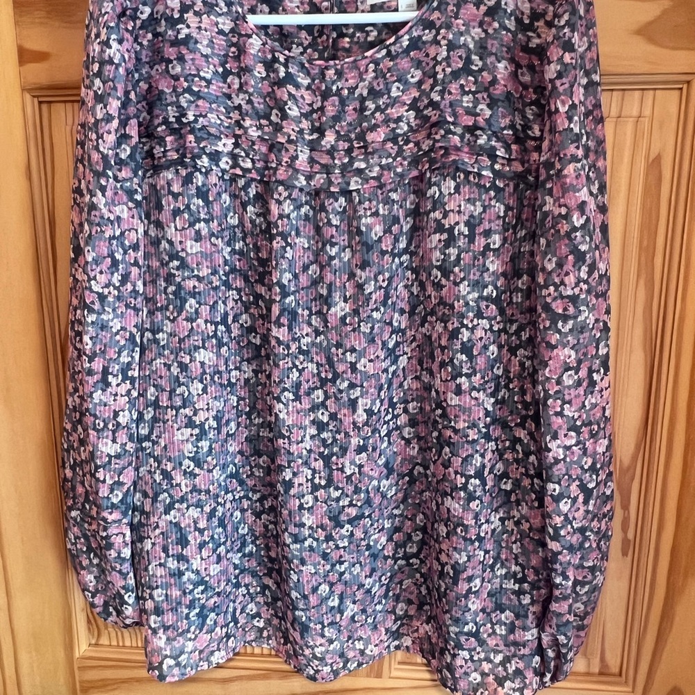 LOFT Floral Blouse in Pink & Navy with Gold Accents